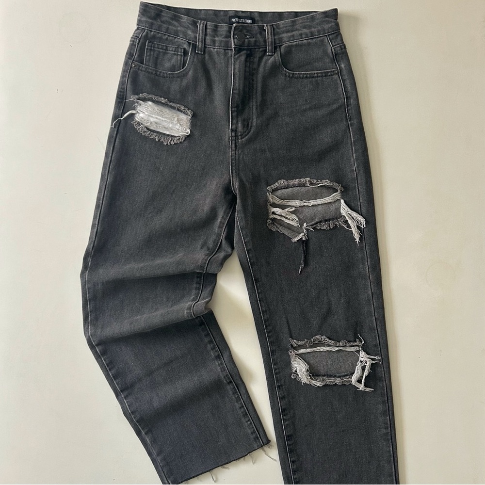 PrettyLittleThing Black Distressed Wide Leg Jeans Fall/Winter Trend Size 4